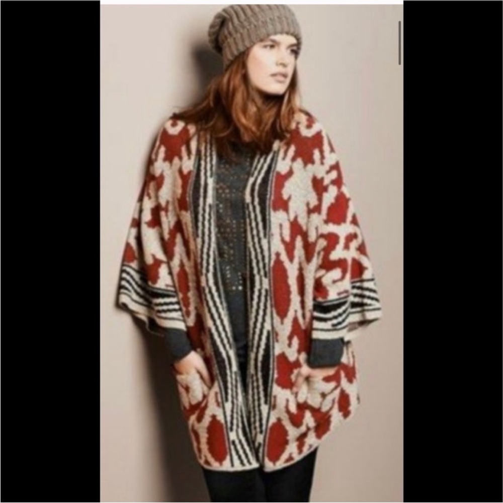 Lucky brand Sequoia Chunky Oversized Print kimono open cardigan red sweater S